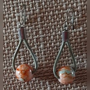 New Handmade Orange/White Glass Bead & Gray Leather Earrings